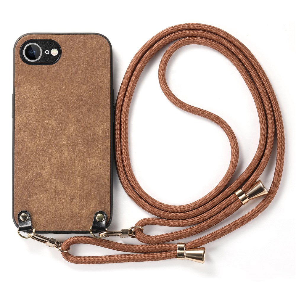 For iPhone 16e Retro Leather Phone Back Cover with Adjustable Strap - Brown