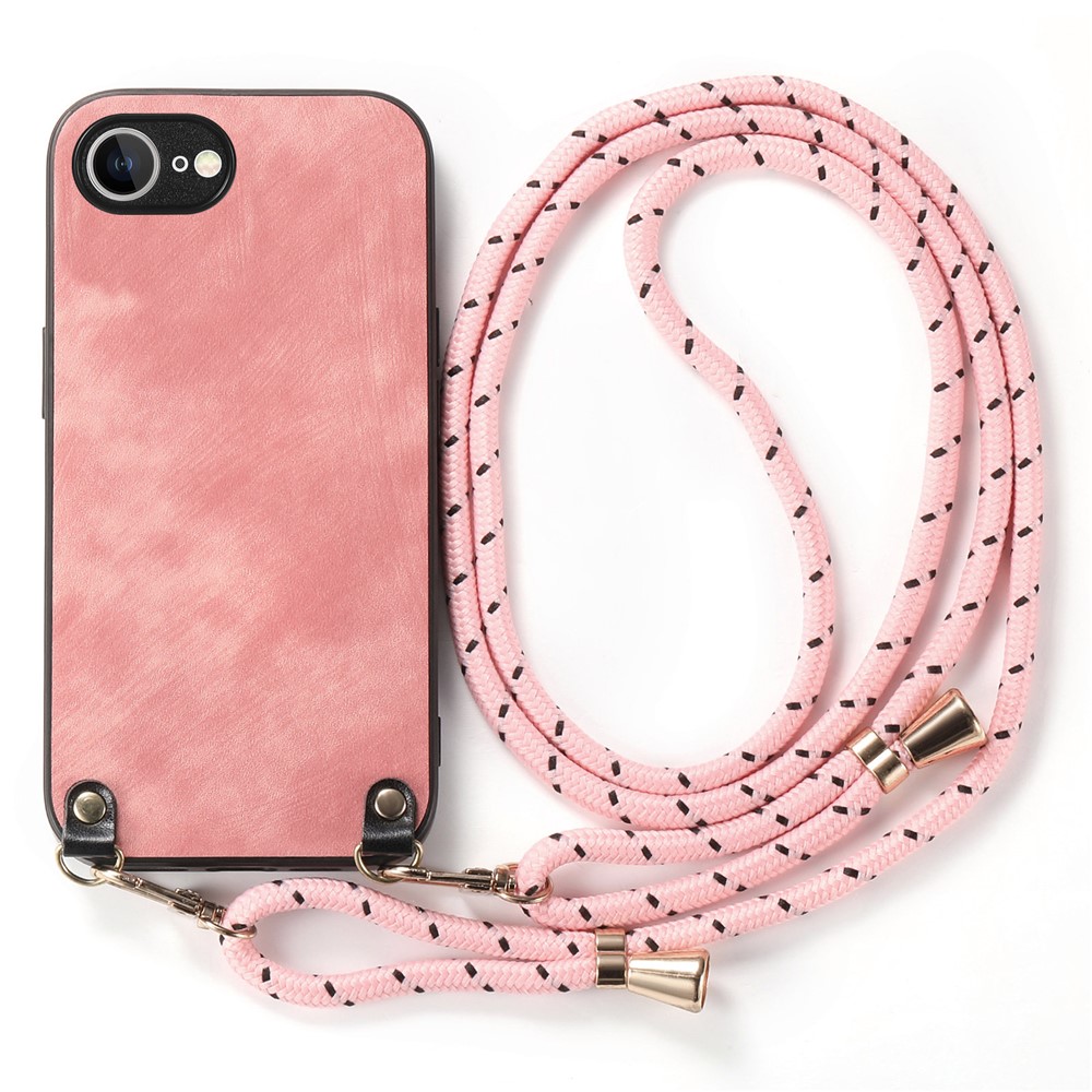 For iPhone 16e Retro Leather Phone Back Cover with Adjustable Strap - Pink