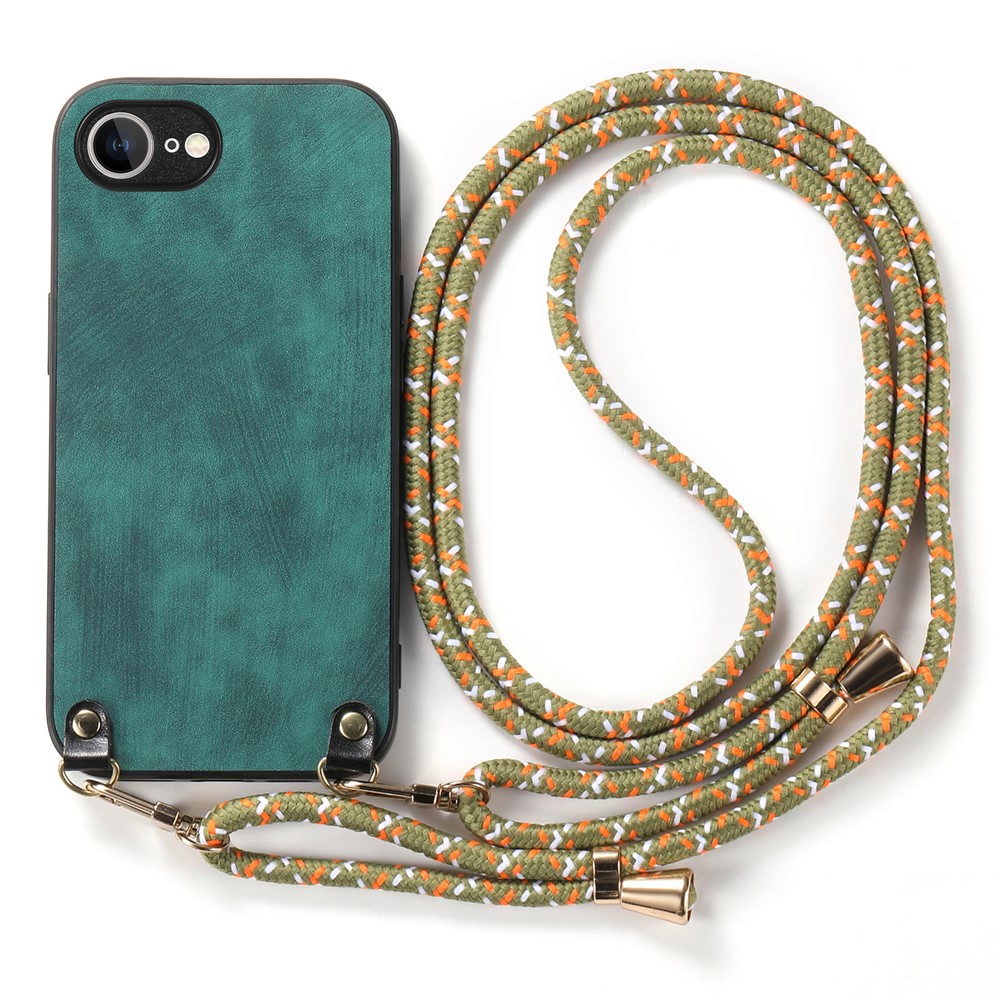 For iPhone 16e Retro Leather Phone Back Cover with Adjustable Strap - Green