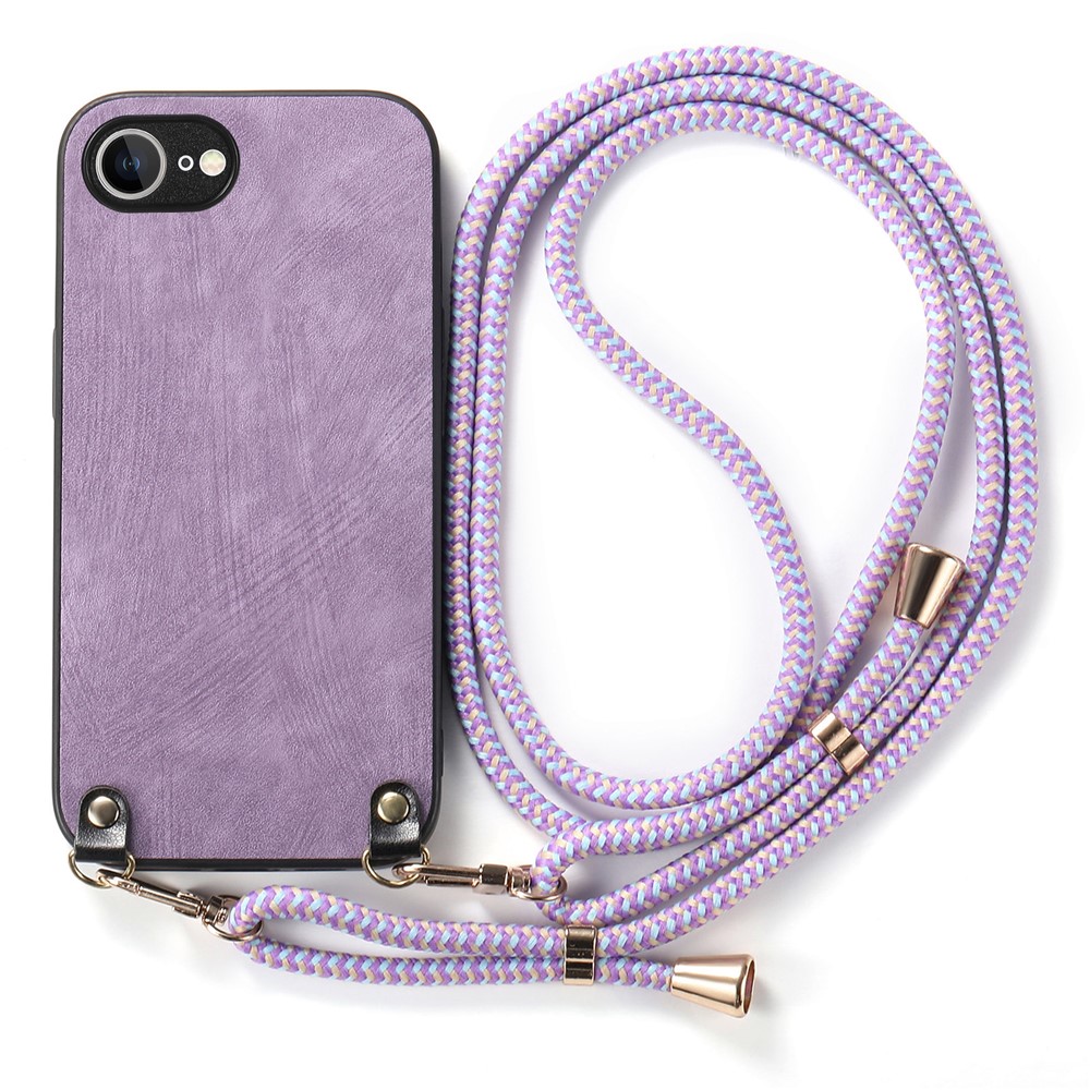 For iPhone 16e Retro Leather Phone Back Cover with Adjustable Strap - Purple