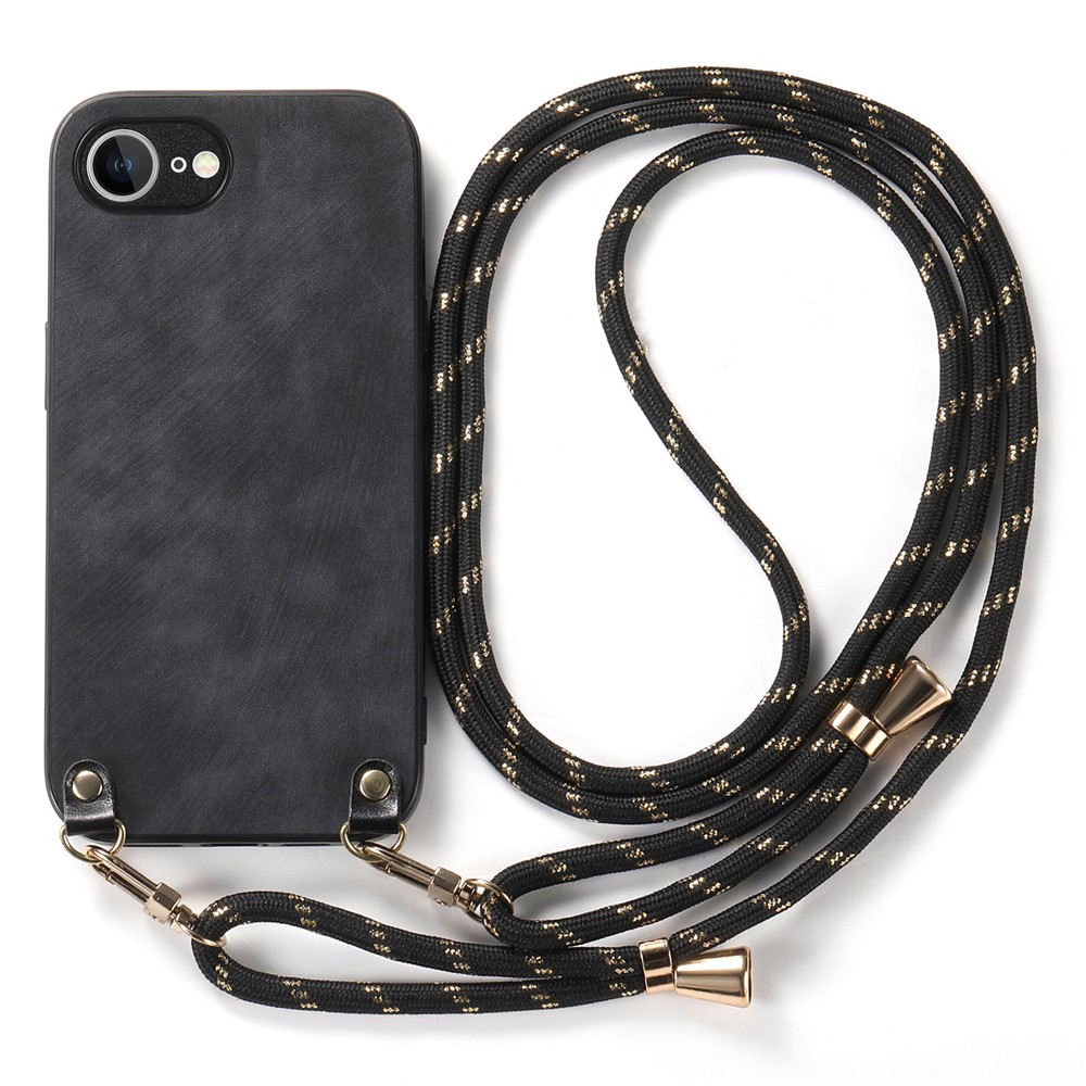 For iPhone 16e Retro Leather Phone Back Cover with Adjustable Strap - Black