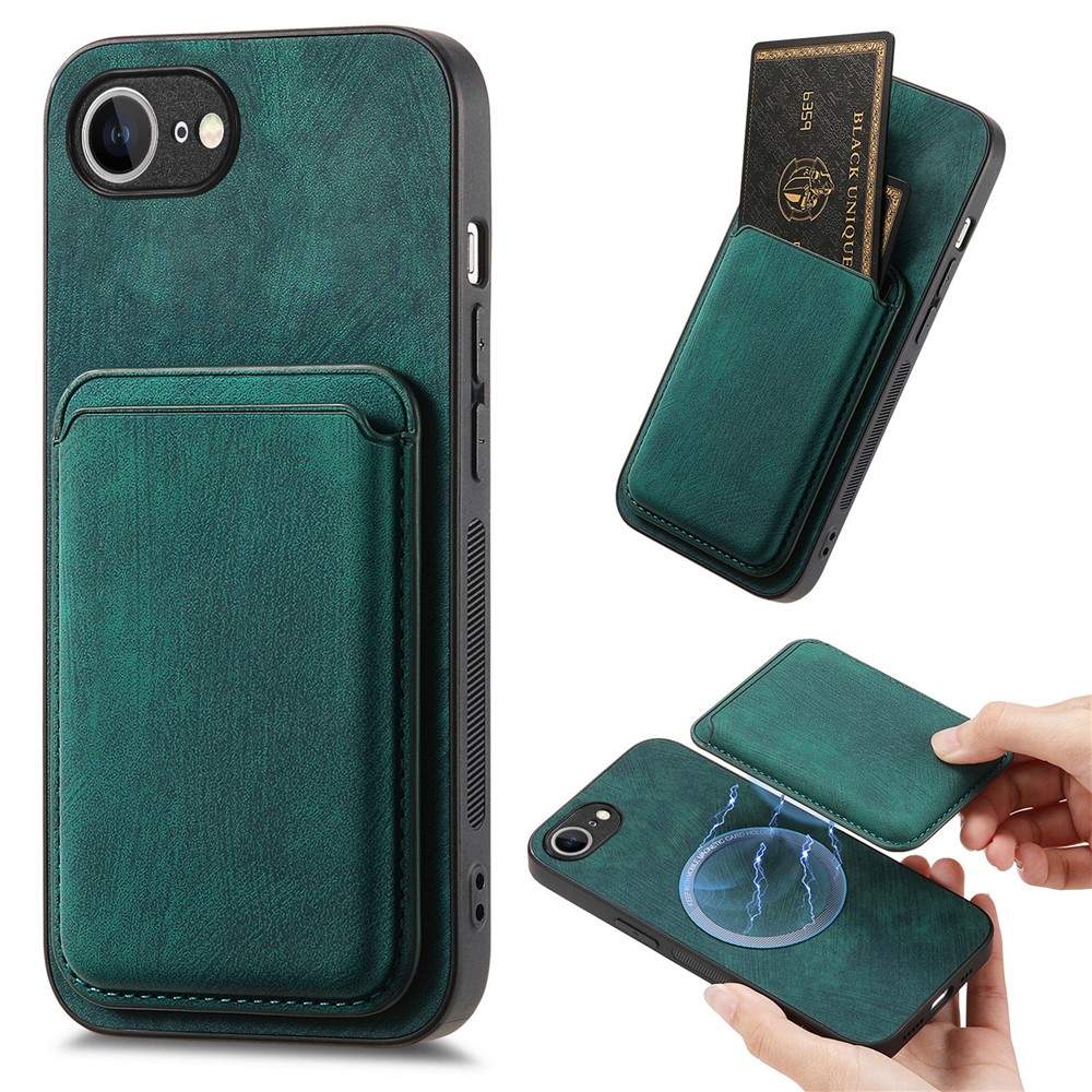 For iPhone 16e Case Compatible with MagSafe Leather Back Cover with Detachable Card Holder - Green