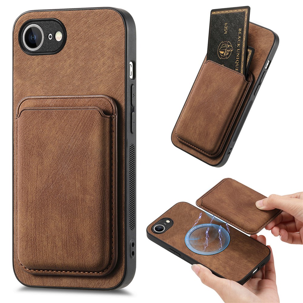 For iPhone 16e Case Compatible with MagSafe Leather Back Cover with Detachable Card Holder - Brown