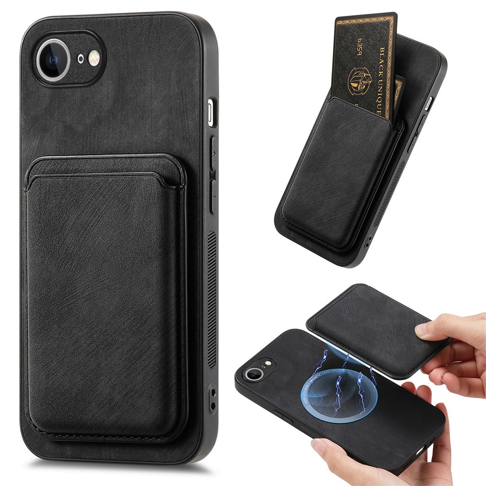 For iPhone 16e Case Compatible with MagSafe Leather Back Cover with Detachable Card Holder - Black