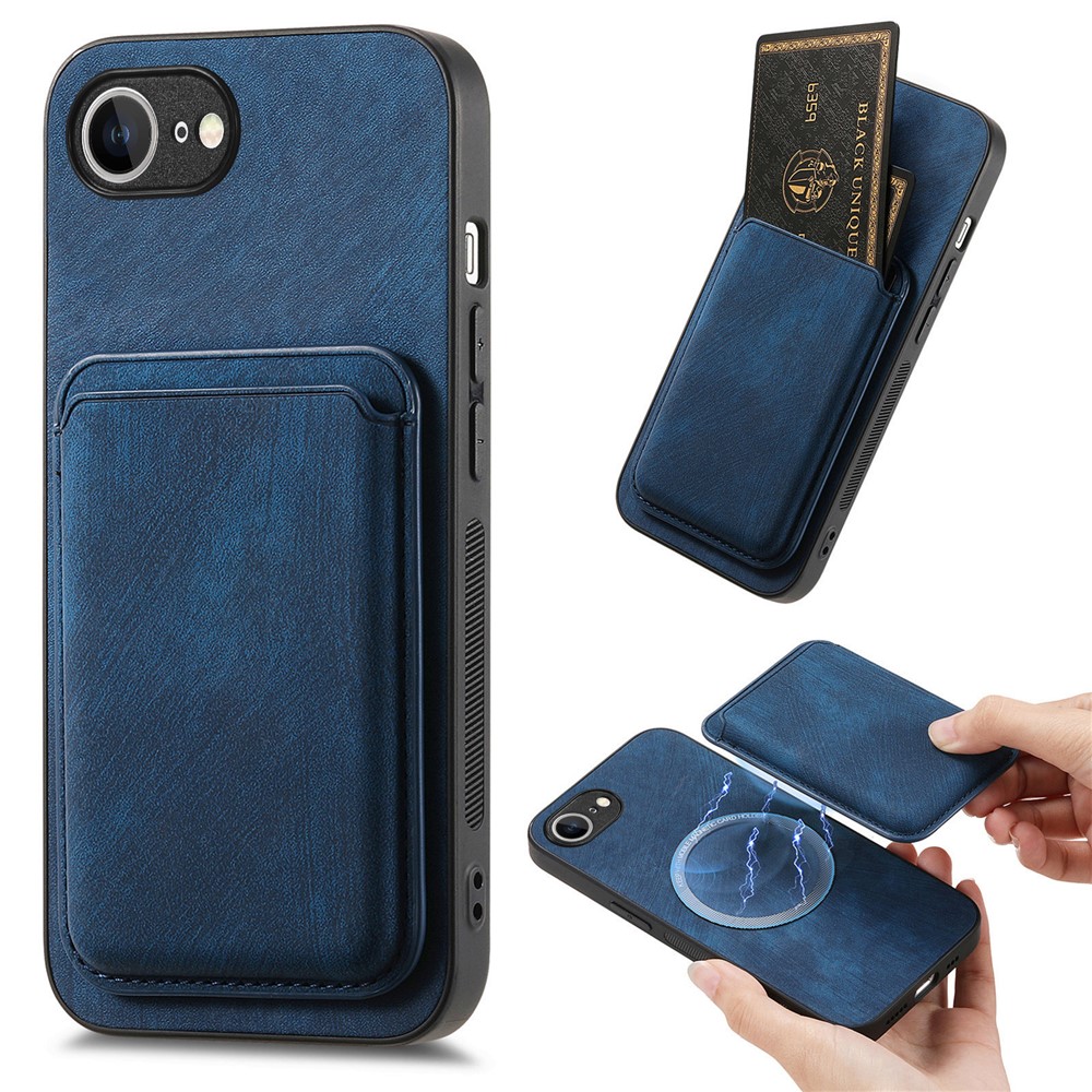 For iPhone 16e Case Compatible with MagSafe Leather Back Cover with Detachable Card Holder - Blue