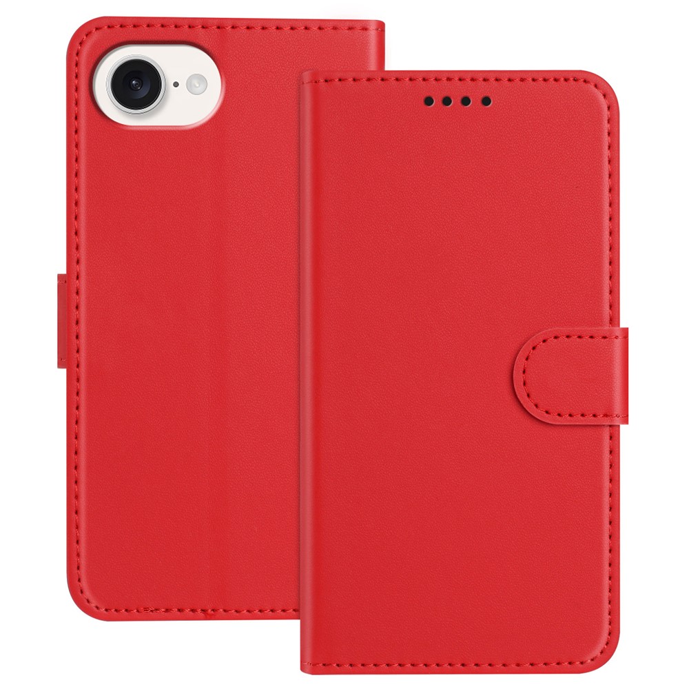 For iPhone 16e Leather Case Wallet Stand Solid Color Anti Drop Phone Cover - Red