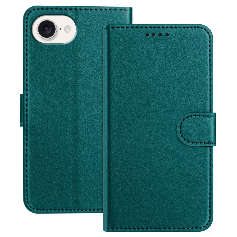 For iPhone 16e Leather Case Wallet Stand Solid Color Anti Drop Phone Cover - Green