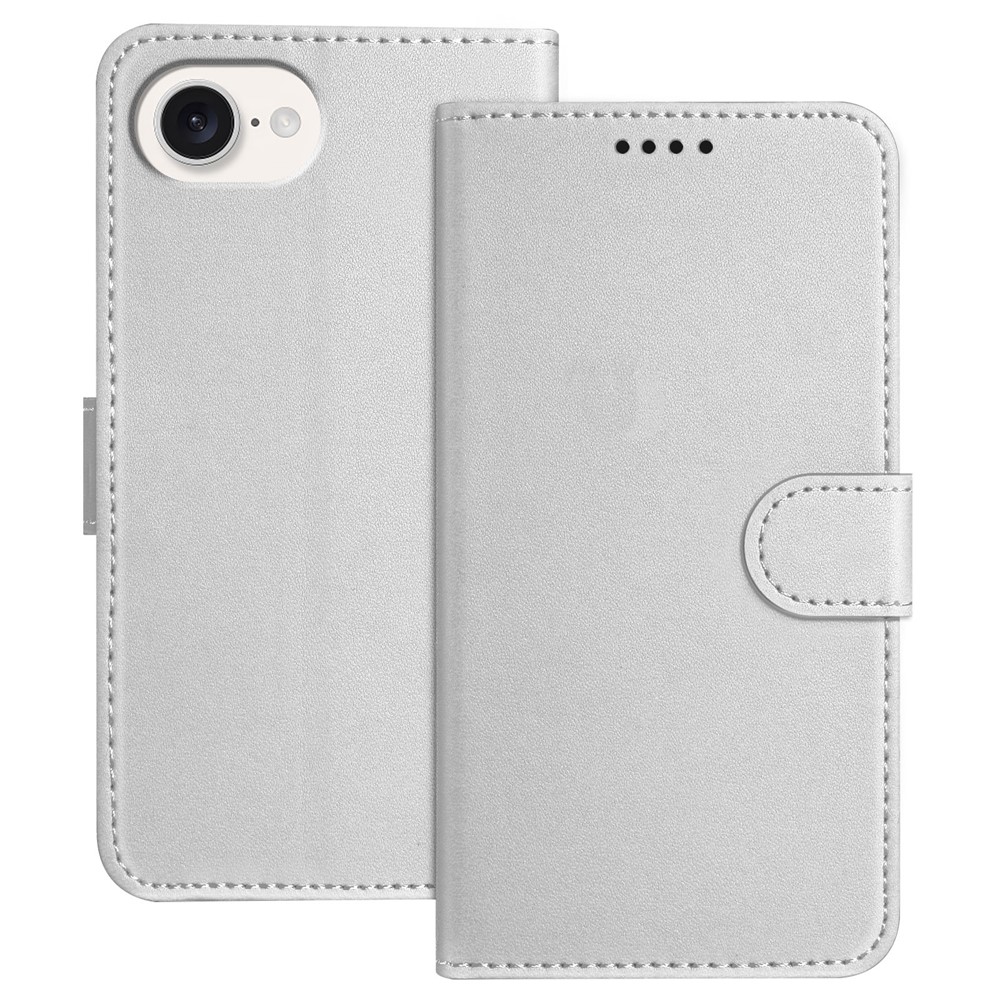 For iPhone 16e Leather Case Wallet Stand Solid Color Anti Drop Phone Cover - Silver