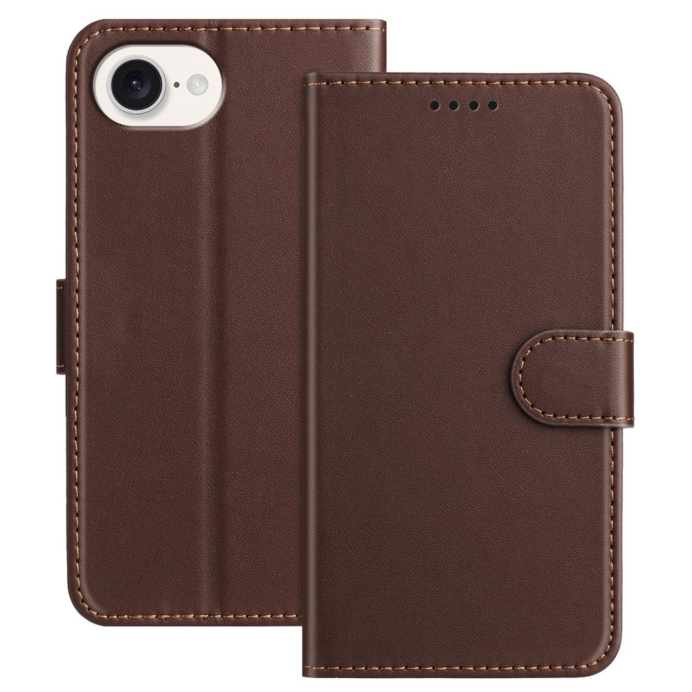 For iPhone 16e Leather Case Wallet Stand Solid Color Anti Drop Phone Cover - Brown