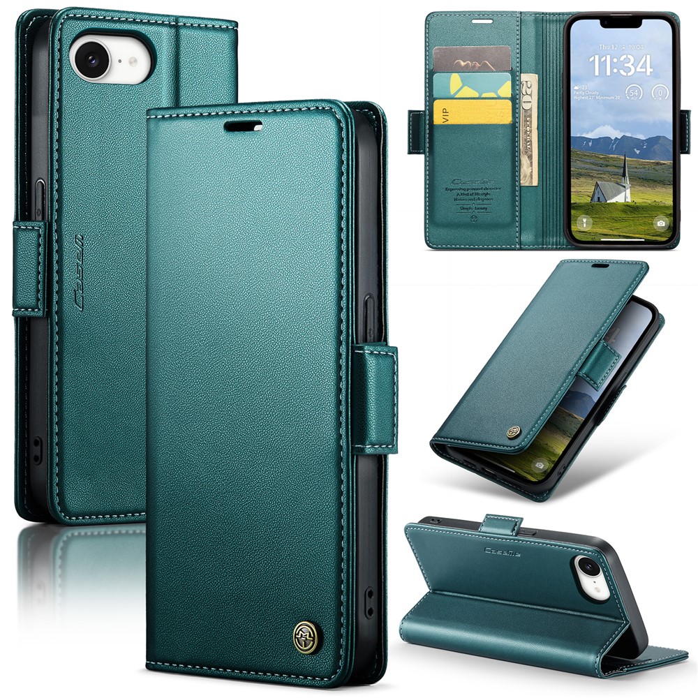 For iPhone 16e Leather Case CASEME 023 RFID Blocking 3 Card Slot Mobile Cover - Green