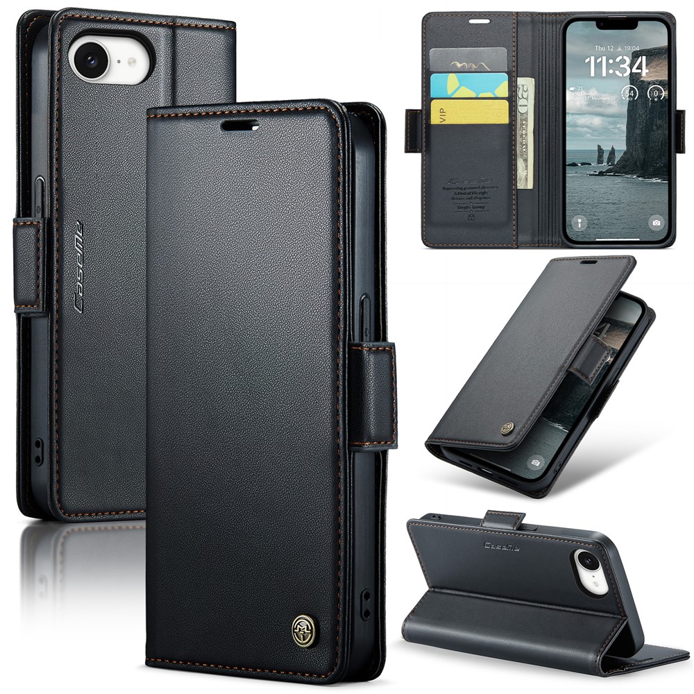 For iPhone 16e Leather Case CASEME 023 RFID Blocking 3 Card Slot Mobile Cover - Black