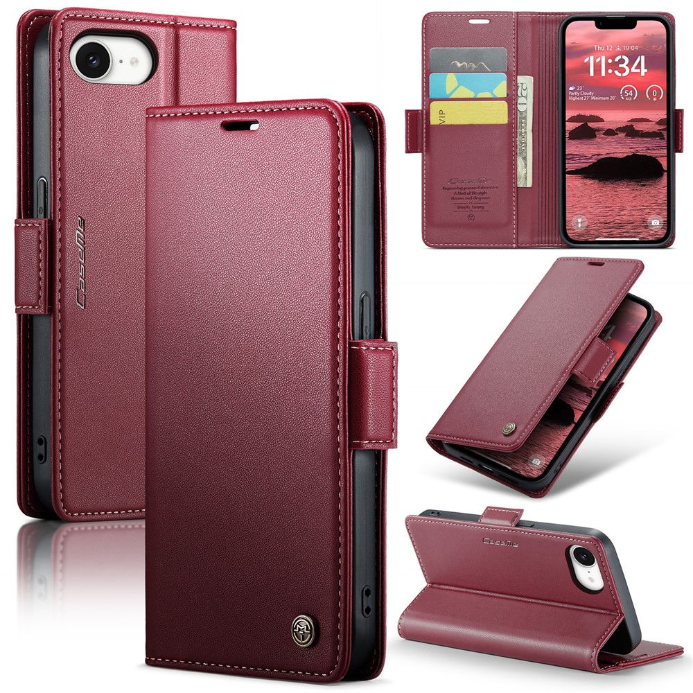 For iPhone 16e Leather Case CASEME 023 RFID Blocking 3 Card Slot Mobile Cover - Red