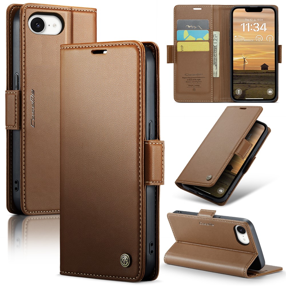 For iPhone 16e Leather Case CASEME 023 RFID Blocking 3 Card Slot Mobile Cover - Brown