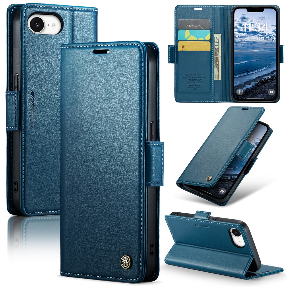 For iPhone 16e Leather Case CASEME 023 RFID Blocking 3 Card Slot Mobile Cover - Blue