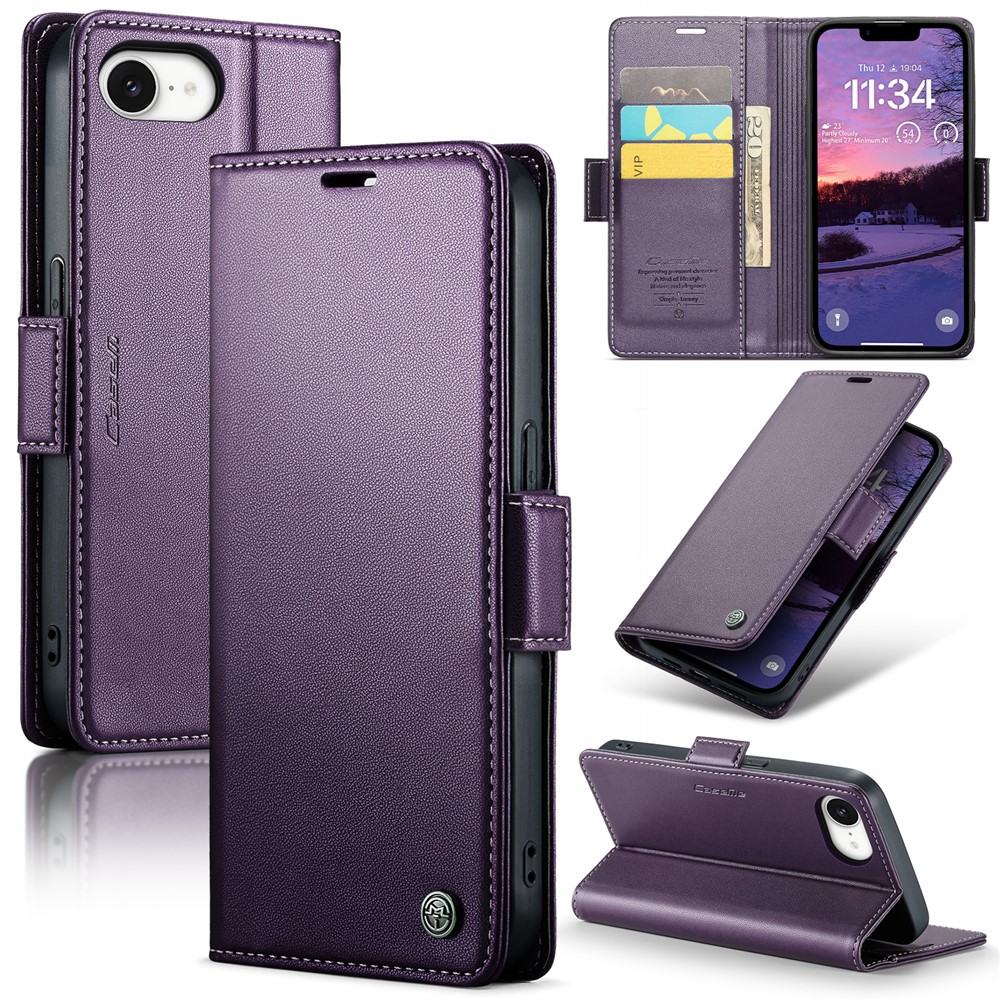 For iPhone 16e Leather Case CASEME 023 RFID Blocking 3 Card Slot Mobile Cover - Purple