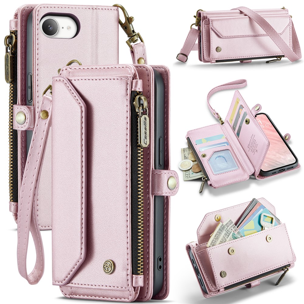 For iPhone 16e Leather Case CASEME C36 Zipper Multiple Card Slots Phone Cover with Straps - Pink