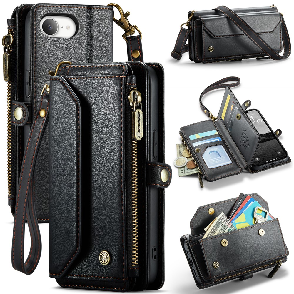 For iPhone 16e Leather Case CASEME C36 Zipper Multiple Card Slots Phone Cover with Straps - Black
