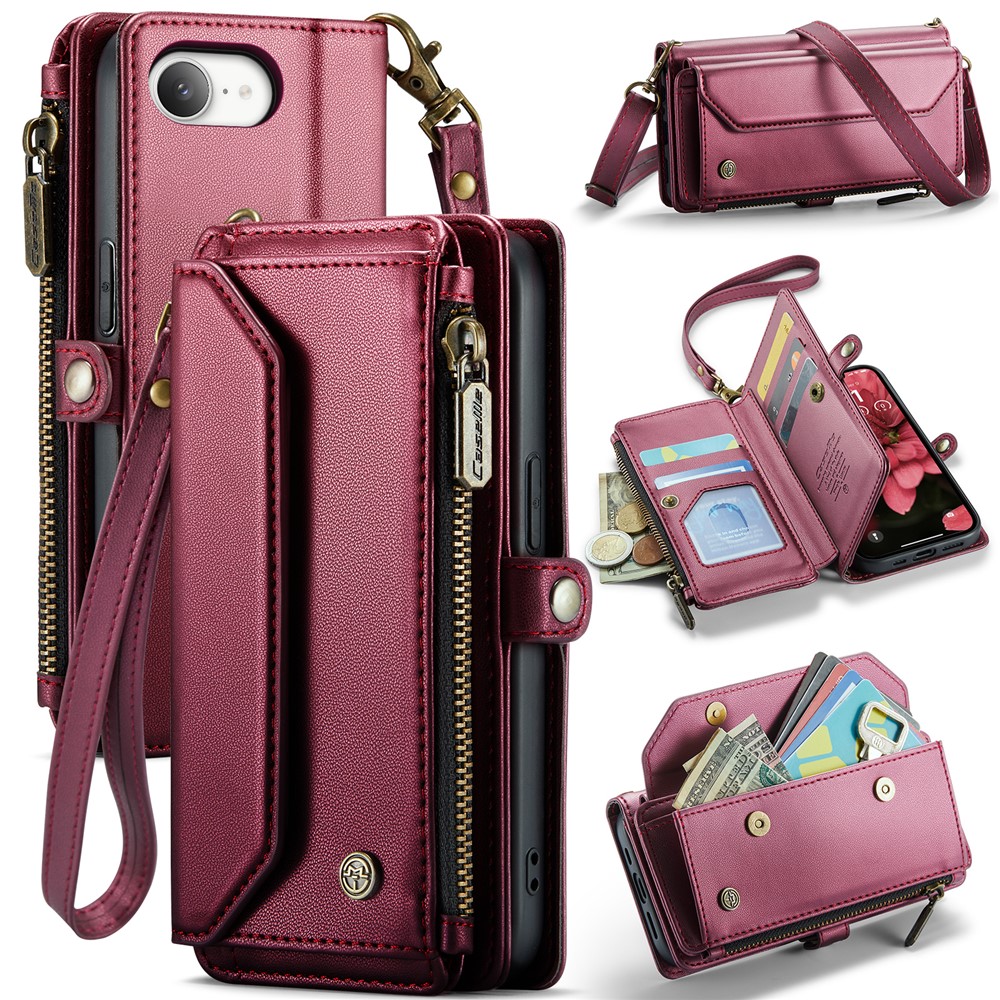 For iPhone 16e Leather Case CASEME C36 Zipper Multiple Card Slots Phone Cover with Straps - Red