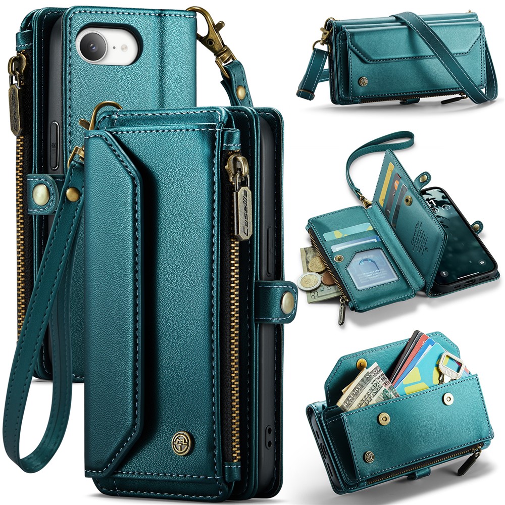 For iPhone 16e Leather Case CASEME C36 Zipper Multiple Card Slots Phone Cover with Straps - Green