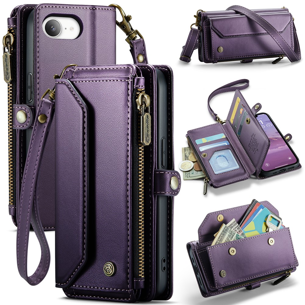For iPhone 16e Leather Case CASEME C36 Zipper Multiple Card Slots Phone Cover with Straps - Purple
