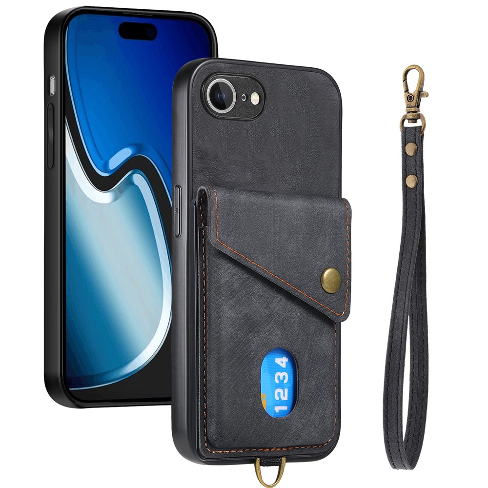 For iPhone 16e Case with Card Holder Kickstand Leather Phone Back Cover - Black