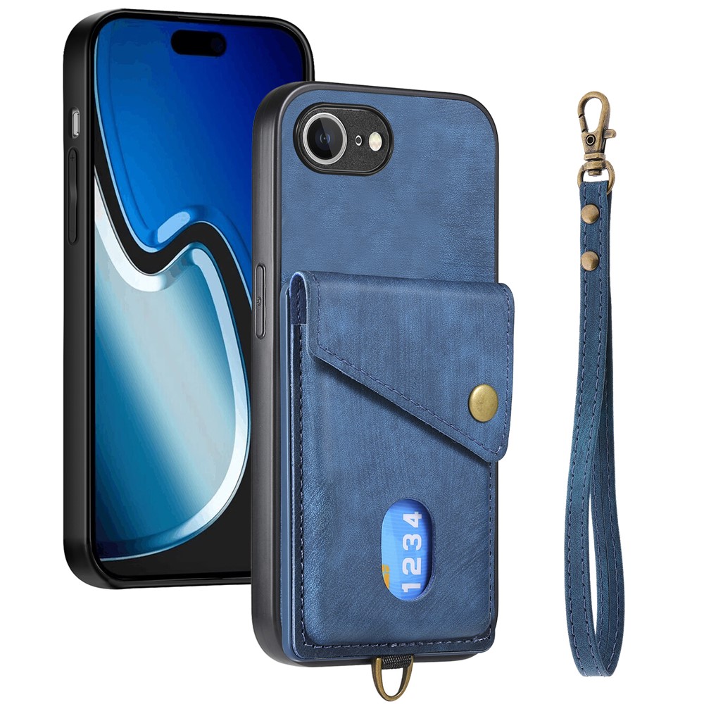 For iPhone 16e Case with Card Holder Kickstand Leather Phone Back Cover - Blue