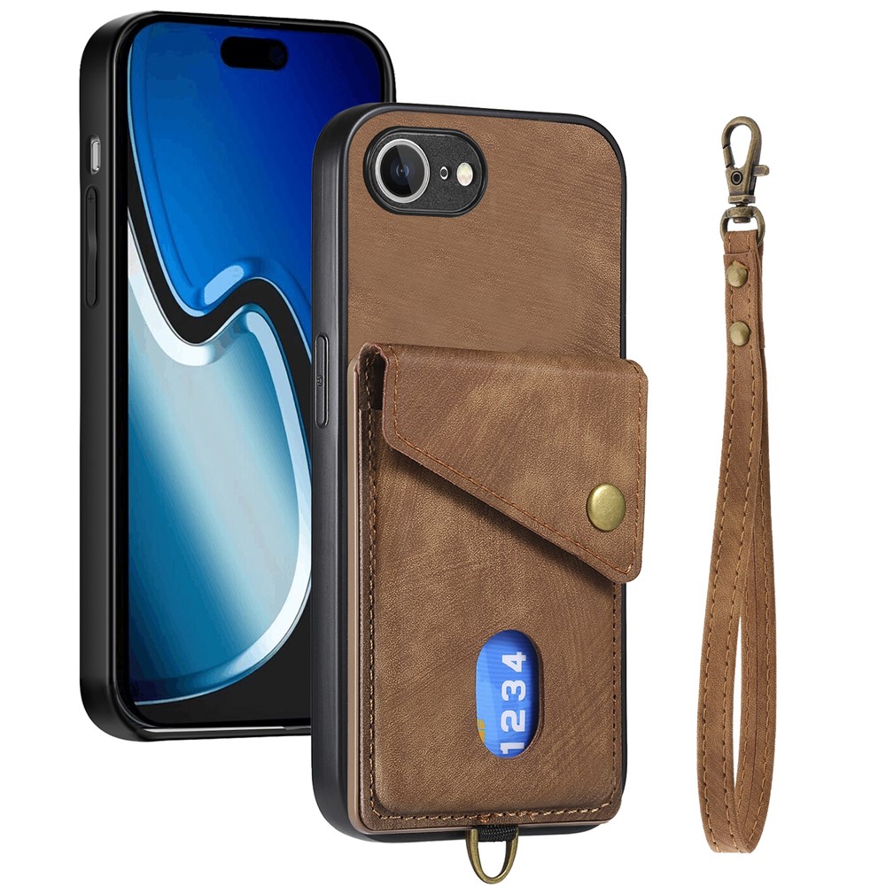 For iPhone 16e Case with Card Holder Kickstand Leather Phone Back Cover - Brown