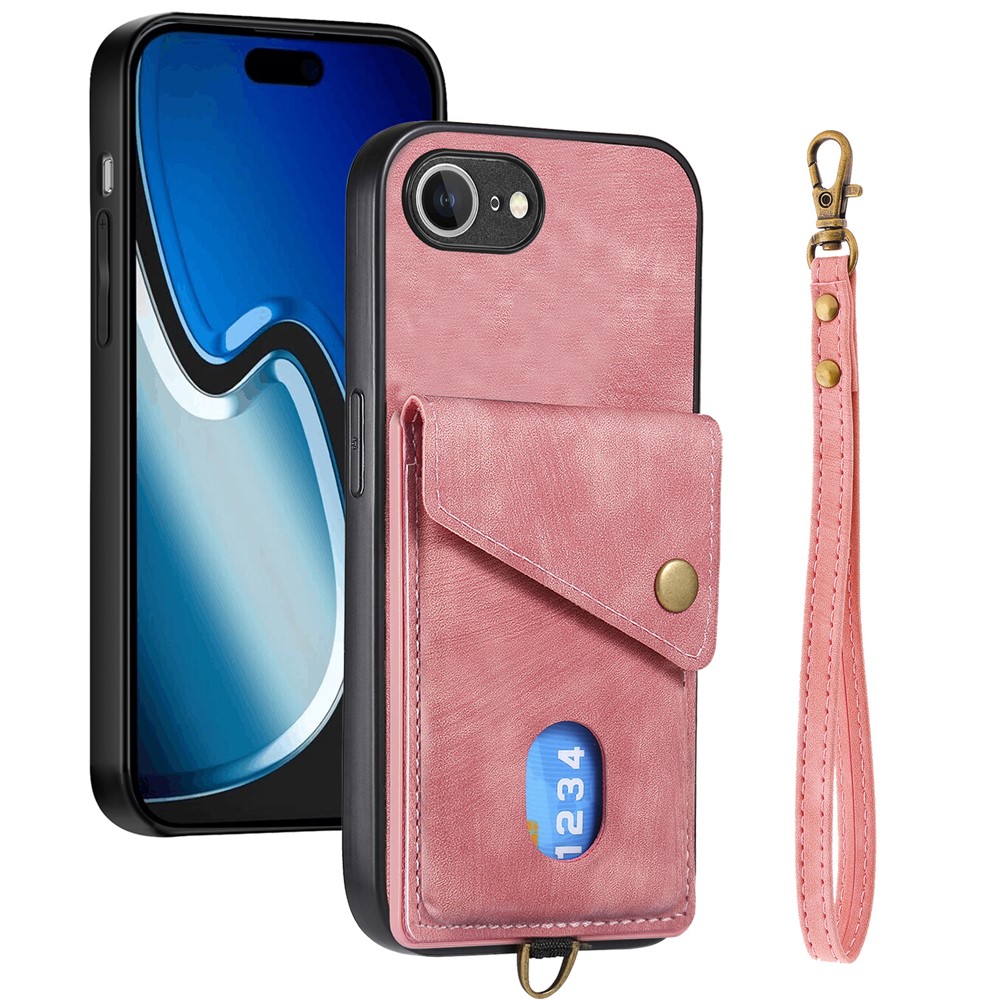 For iPhone 16e Case with Card Holder Kickstand Leather Phone Back Cover - Pink
