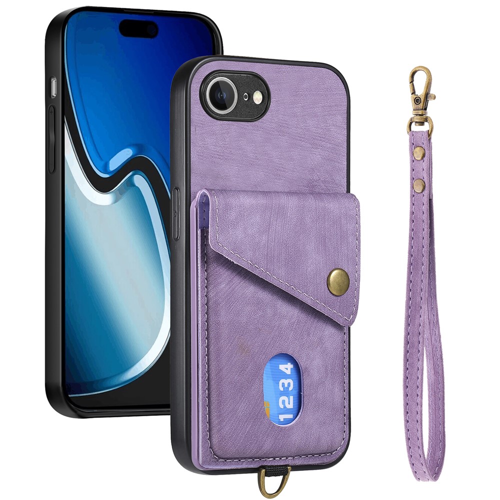 For iPhone 16e Case with Card Holder Kickstand Leather Phone Back Cover - Purple