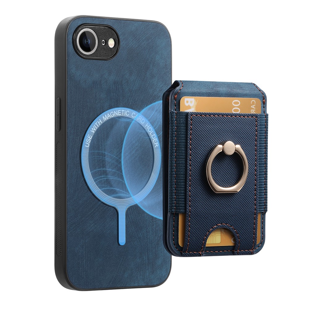 For iPhone 16e Case Compatible with MagSafe Leather Back Cover with Detachable Card Holder Kickstand - Blue