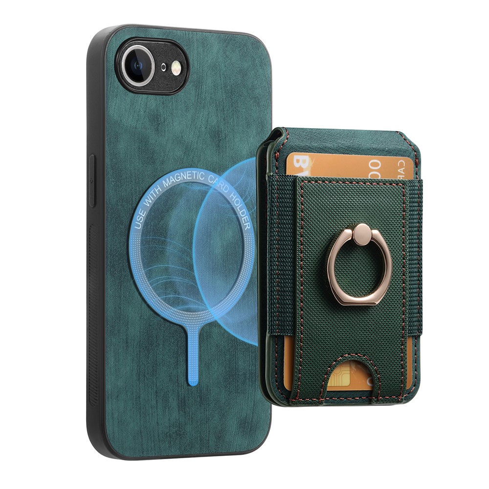 For iPhone 16e Case Compatible with MagSafe Leather Back Cover with Detachable Card Holder Kickstand - Green