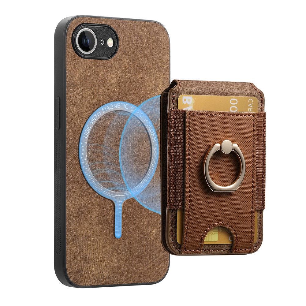 For iPhone 16e Case Compatible with MagSafe Leather Back Cover with Detachable Card Holder Kickstand - Brown