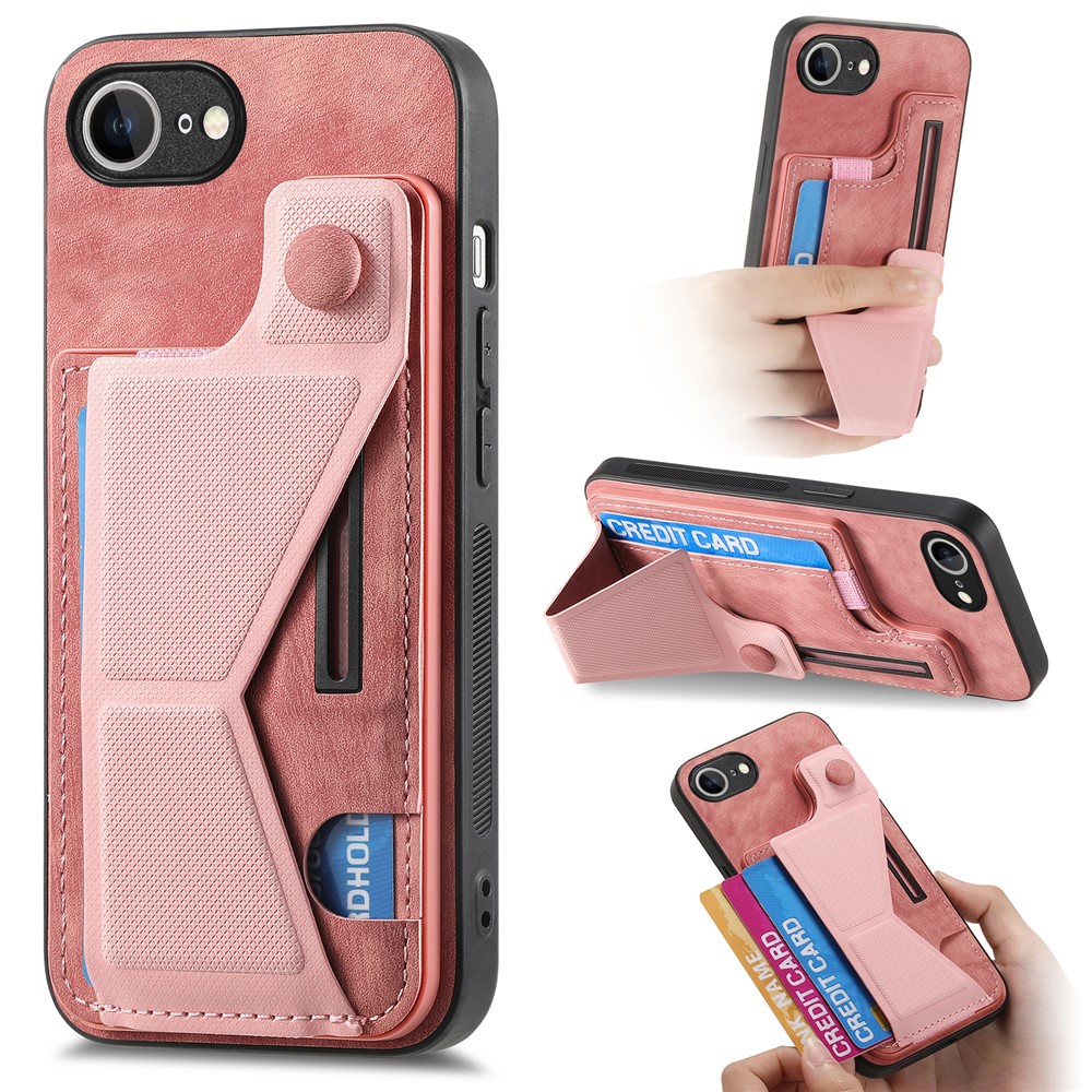 For iPhone 16e Case with Card Slot Kickstand Retro Leather Back Cover - Pink