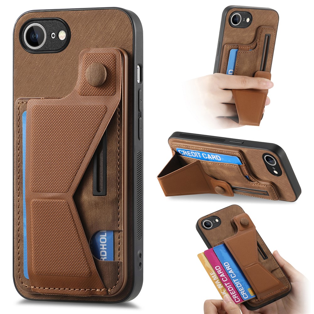 For iPhone 16e Case with Card Slot Kickstand Retro Leather Back Cover - Brown