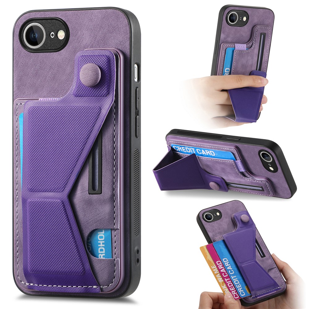 For iPhone 16e Case with Card Slot Kickstand Retro Leather Back Cover - Purple