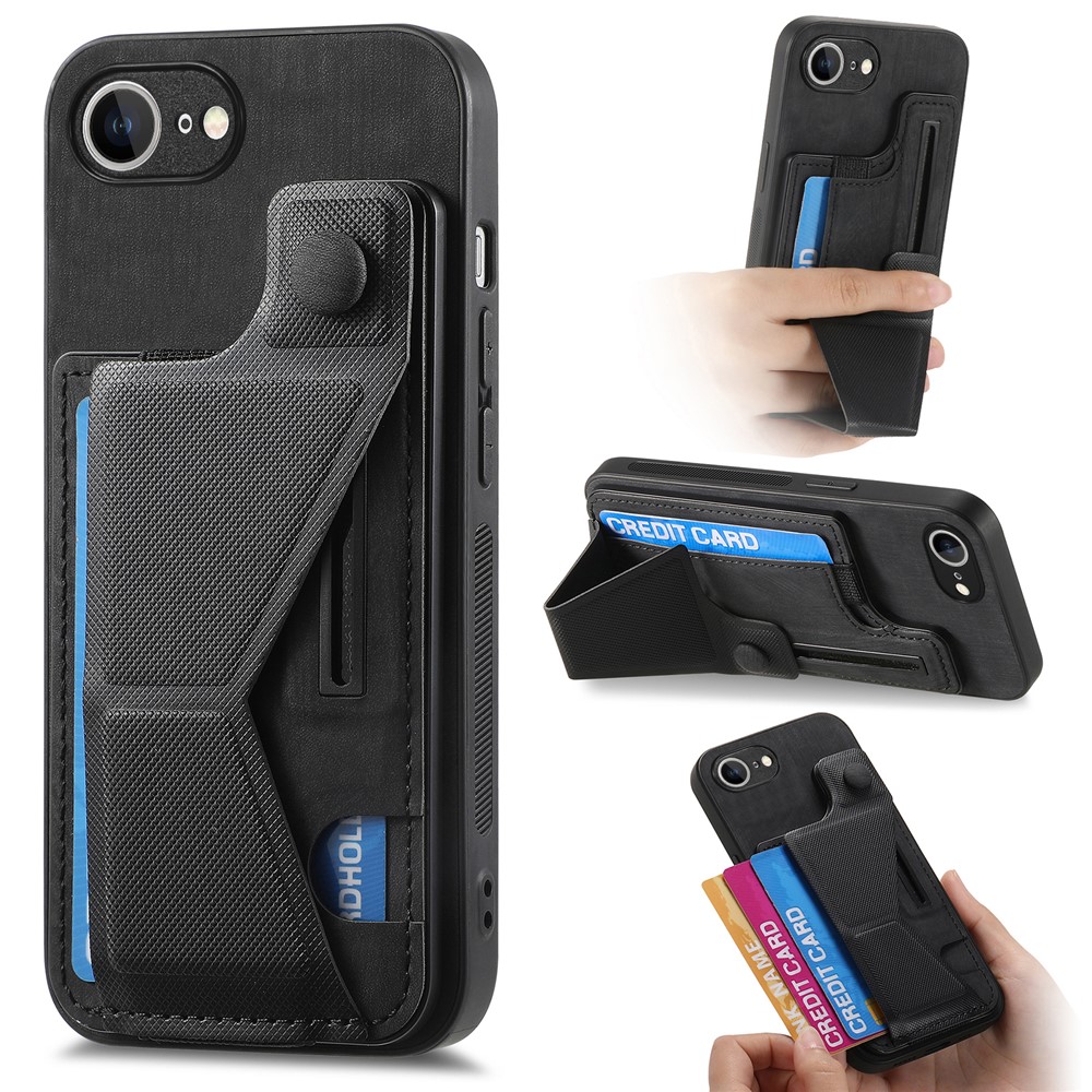 For iPhone 16e Case with Card Slot Kickstand Retro Leather Back Cover - Black