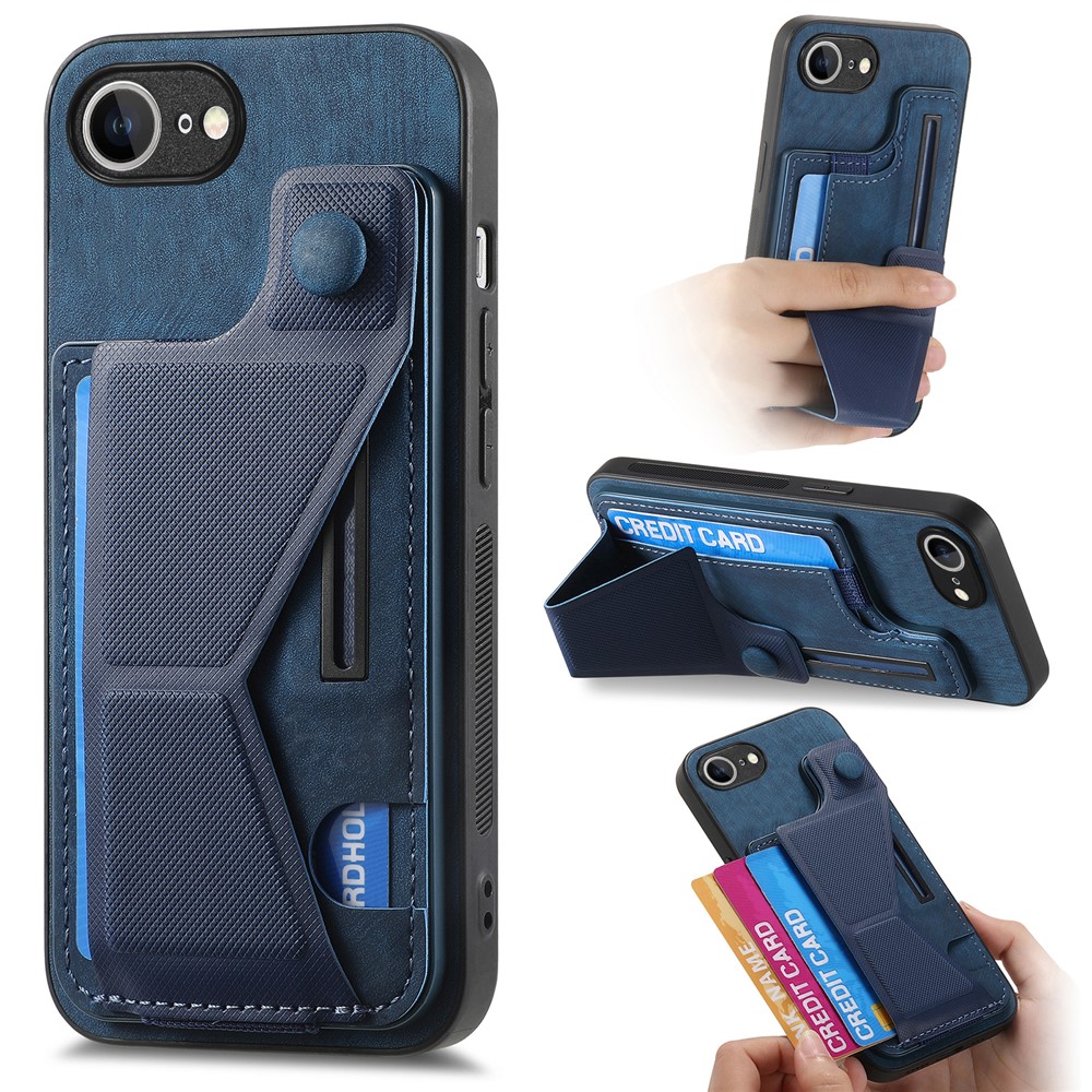 For iPhone 16e Case with Card Slot Kickstand Retro Leather Back Cover - Blue