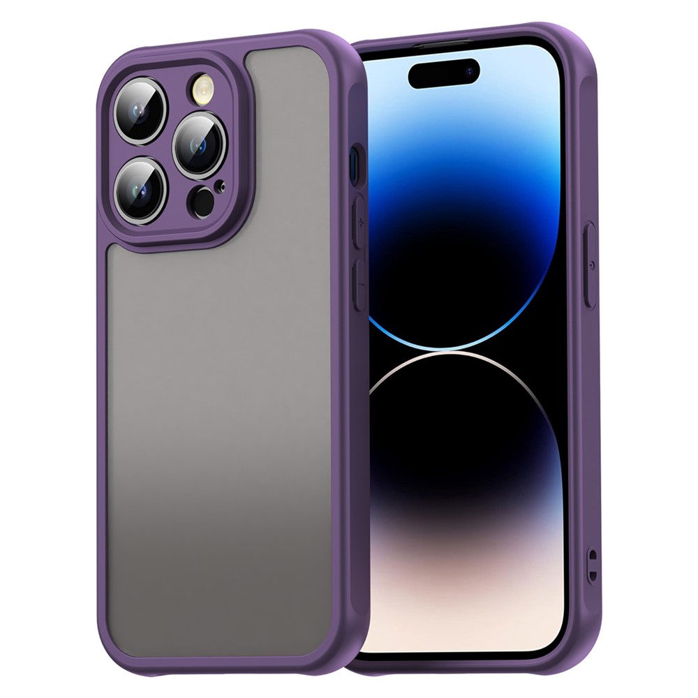 For iPhone 14 Pro Max Case Drop Proof Airbags Frosted Translucent PC + TPU Phone Back Cover - Purple