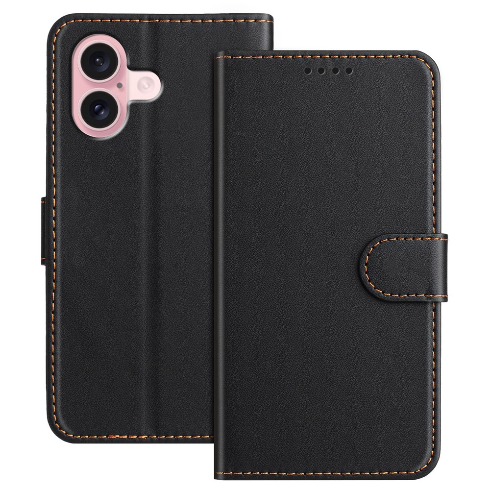 For iPhone 16 Leather Case Wallet Stand Solid Color Anti Drop Phone Cover - Black