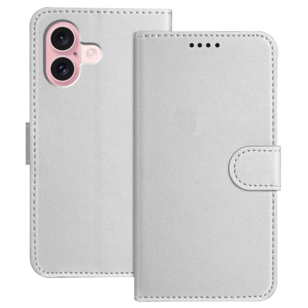 For iPhone 16 Leather Case Wallet Stand Solid Color Anti Drop Phone Cover - Silver