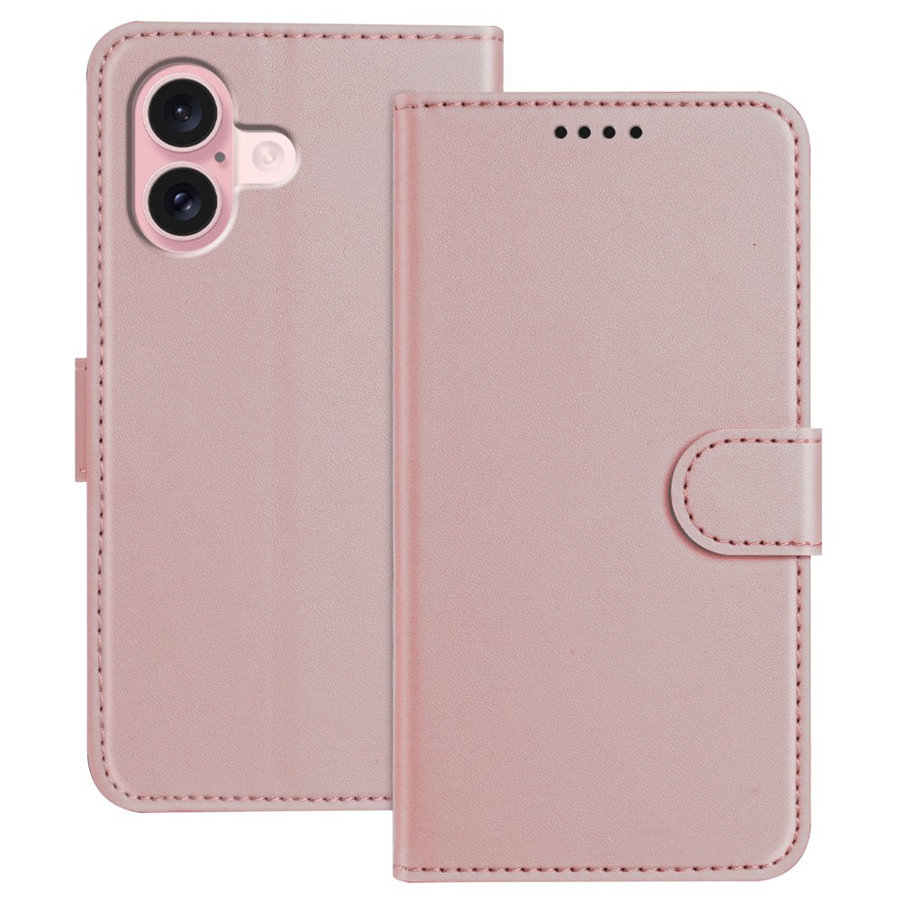 For iPhone 16 Leather Case Wallet Stand Solid Color Anti Drop Phone Cover - Rose Gold