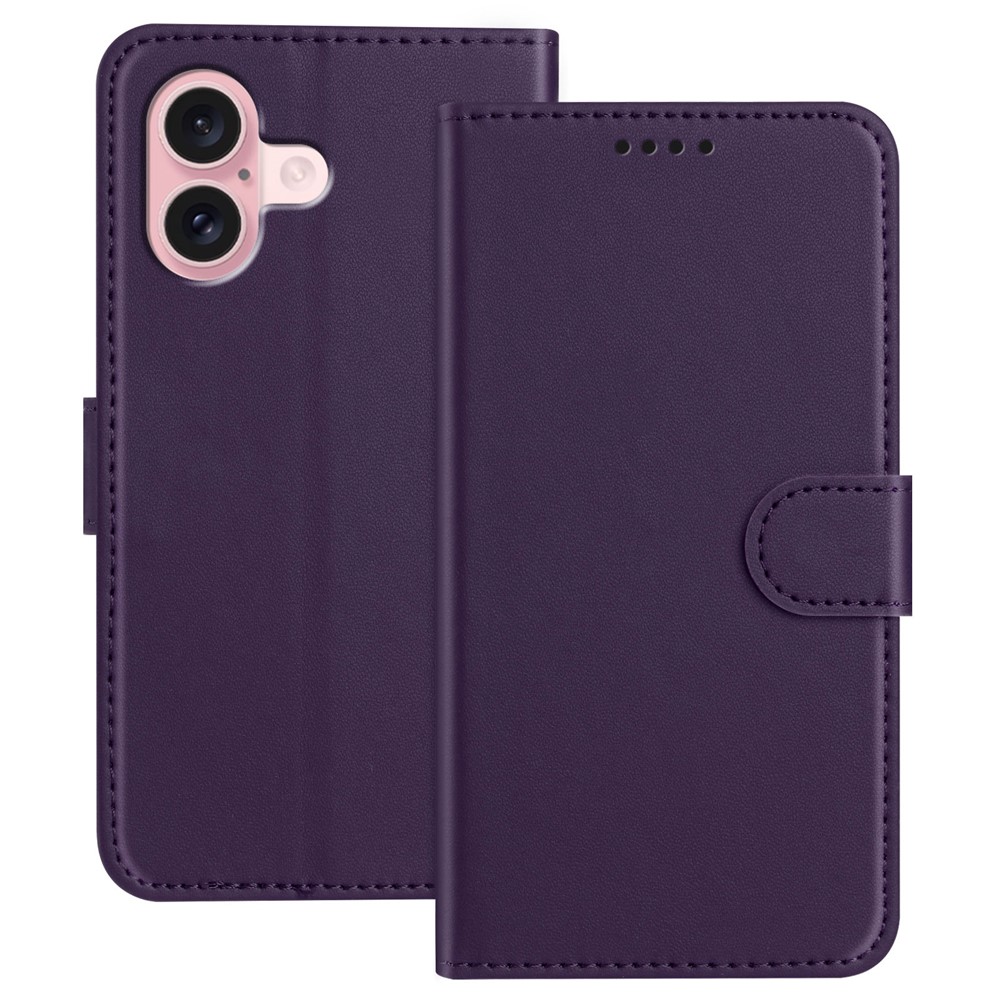 For iPhone 16 Leather Case Wallet Stand Solid Color Anti Drop Phone Cover - Purple
