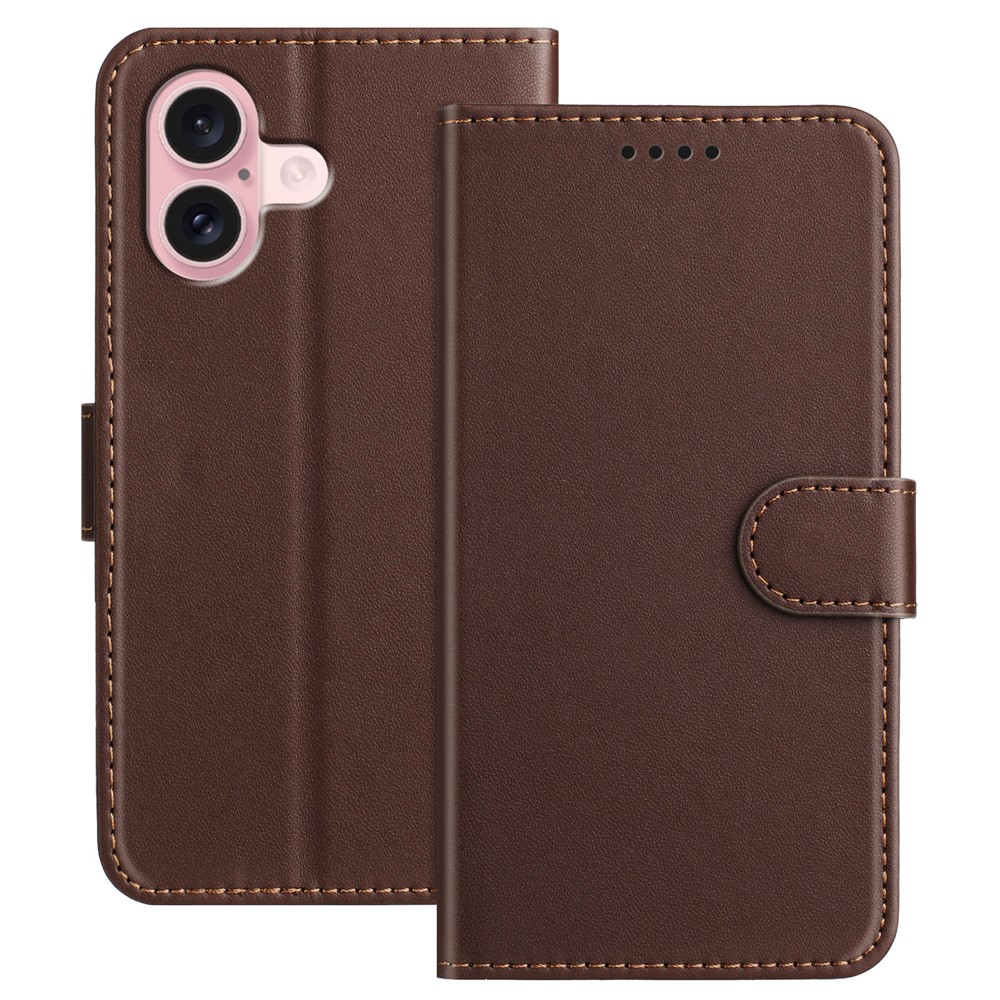 For iPhone 16 Leather Case Wallet Stand Solid Color Anti Drop Phone Cover - Brown