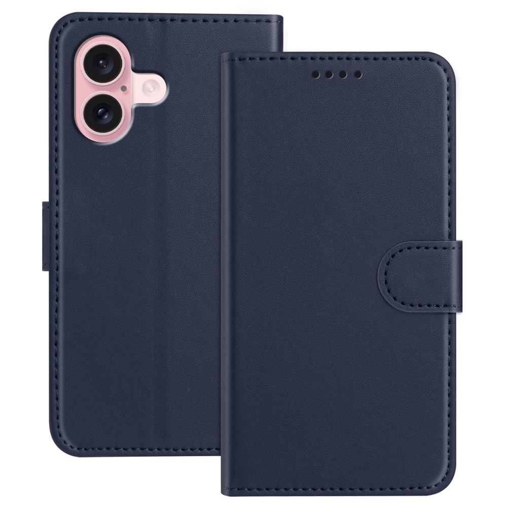 For iPhone 16 Leather Case Wallet Stand Solid Color Anti Drop Phone Cover - Blue