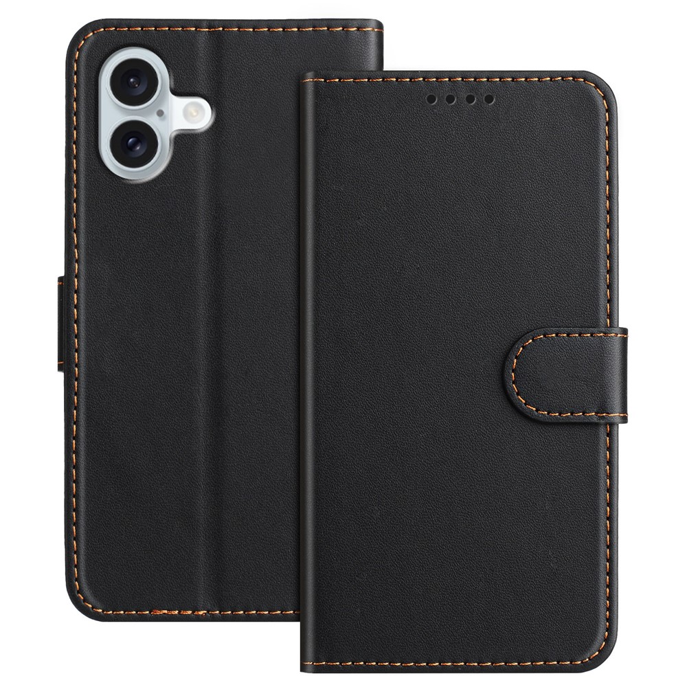 For iPhone 16 Plus Leather Case Wallet Stand Solid Color Anti Drop Phone Cover - Black