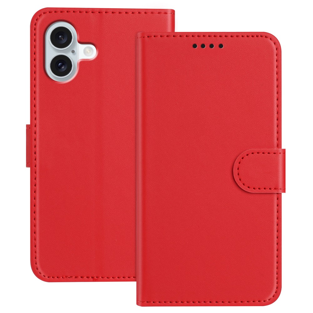 For iPhone 16 Plus Leather Case Wallet Stand Solid Color Anti Drop Phone Cover - Red