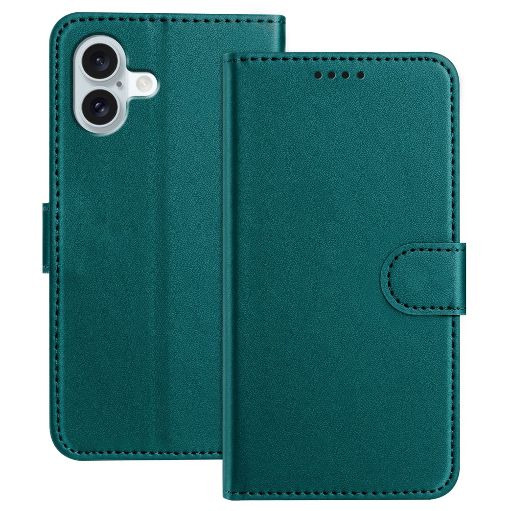 For iPhone 16 Plus Leather Case Wallet Stand Solid Color Anti Drop Phone Cover - Green