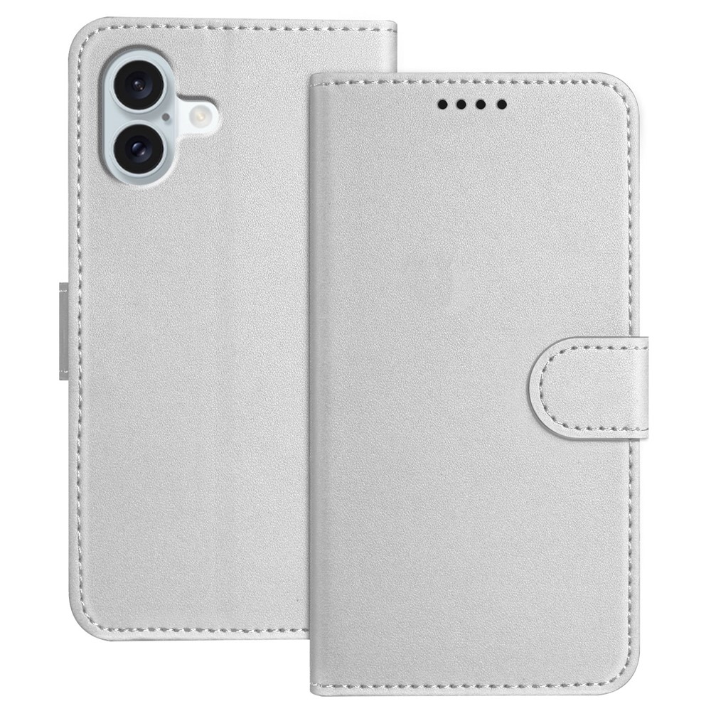 For iPhone 16 Plus Leather Case Wallet Stand Solid Color Anti Drop Phone Cover - Silver