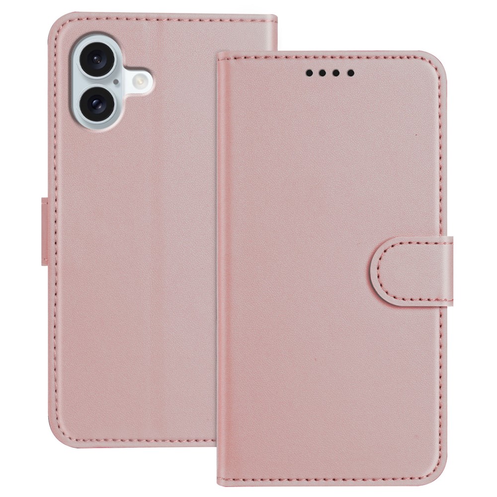 For iPhone 16 Plus Leather Case Wallet Stand Solid Color Anti Drop Phone Cover - Rose Gold