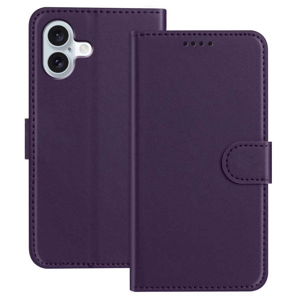 For iPhone 16 Plus Leather Case Wallet Stand Solid Color Anti Drop Phone Cover - Purple